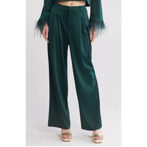 WAYF Satin Pleated Wide Leg Pants Trousers Green Pockets Med (6) NWT